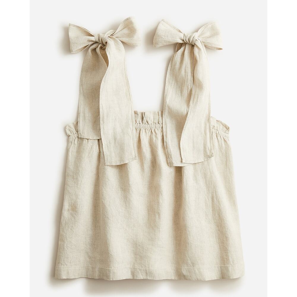 J. Crew Beige 100% Linen Flowy Tank Top Tie-Up Bow Sleeves Preppy Summer Beach